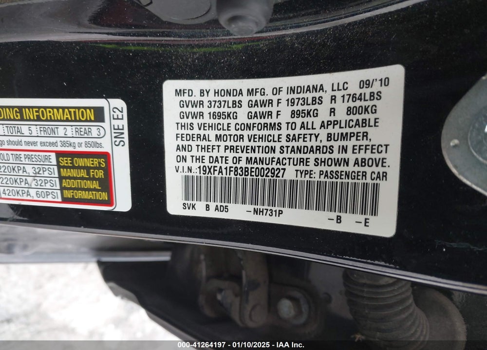 2011 HONDA CIVIC EX VIN: 19XFA1F83BE002927