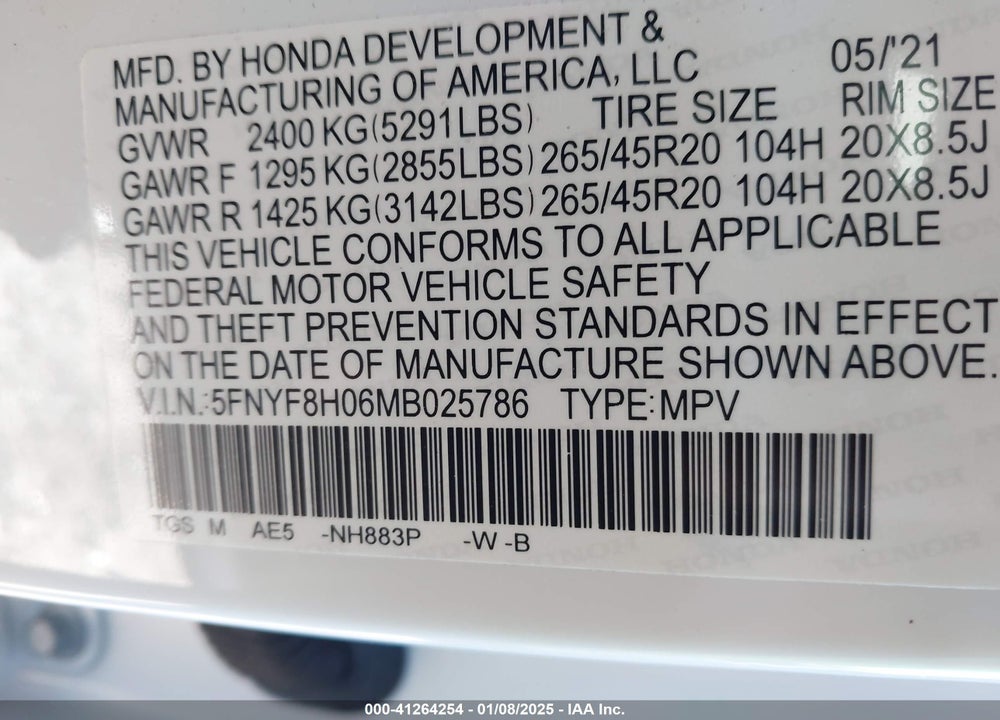 2021 HONDA PASSPORT ELITE VIN: 5FNYF8H06MB025786