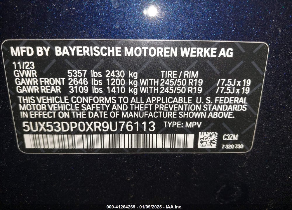 2024 BMW X3 XDRIVE30I VIN: 5UX53DP0XR9U76113