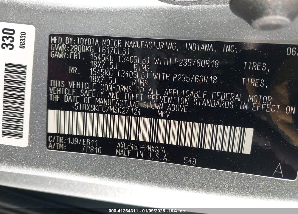 2021 TOYOTA SIENNA XSE VIN: 5TDXSKFC7MS027124