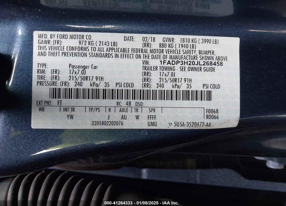 2018 FORD FOCUS SEL VIN: 1FADP3H20JL268458