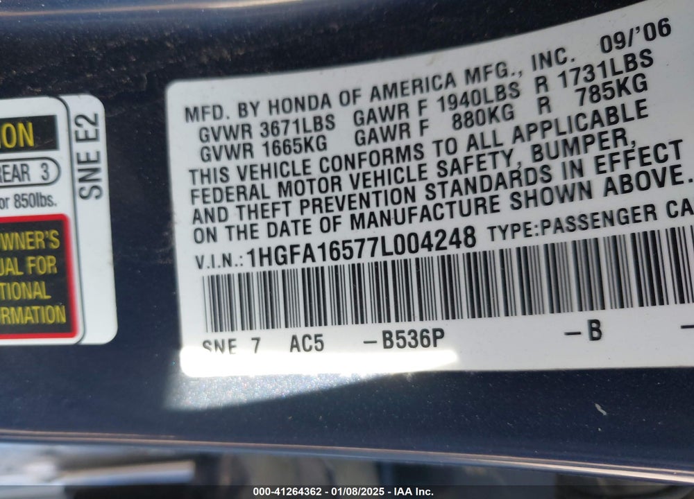 2007 HONDA CIVIC VIN: 1HGFA16577L004248