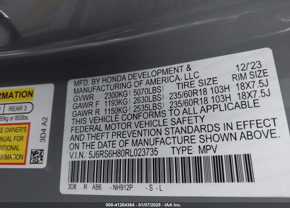 2024 HONDA CR-V HYBRID SPORT-L VIN: 5J6RS6H80RL023735