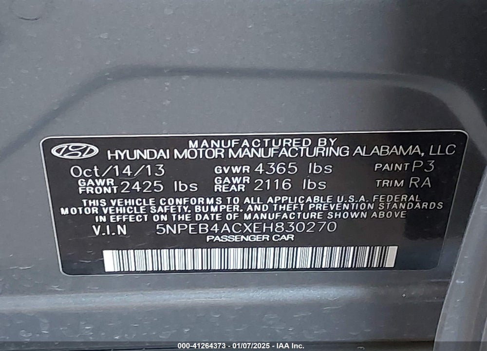 2014 HYUNDAI SONATA VIN: 5NPEB4ACXEH830270