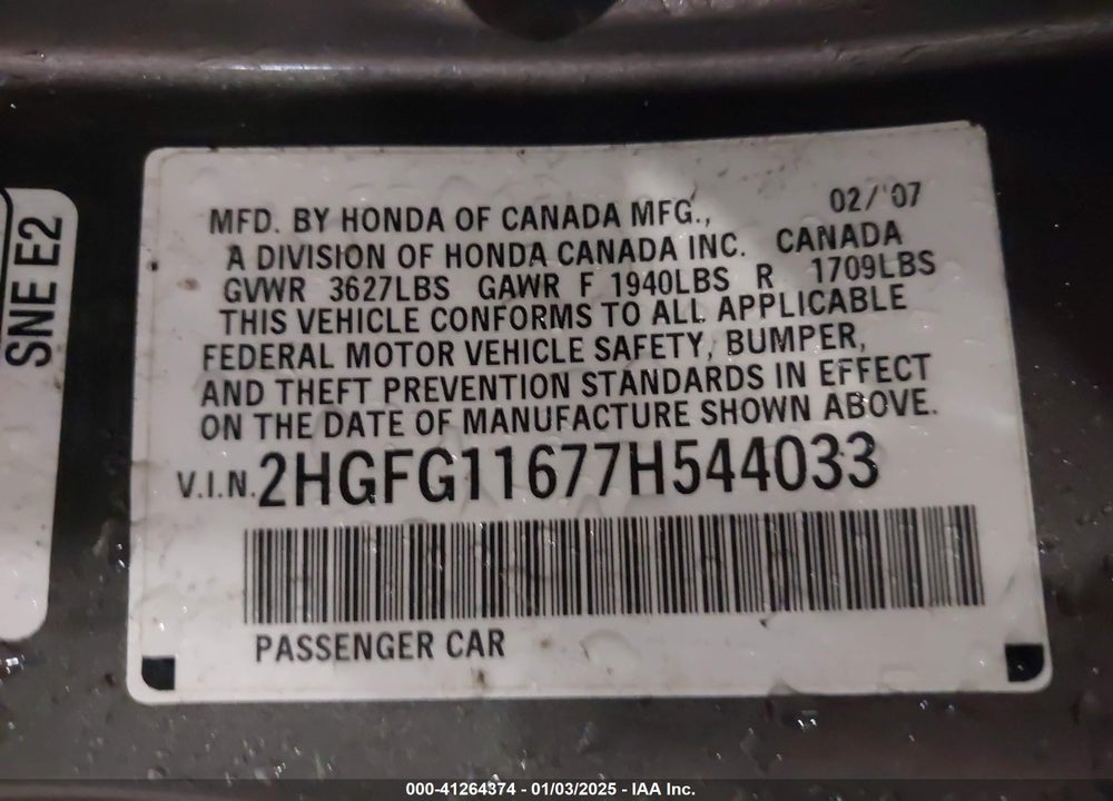 2007 HONDA CIVIC LX VIN: 2HGFG11677H544033