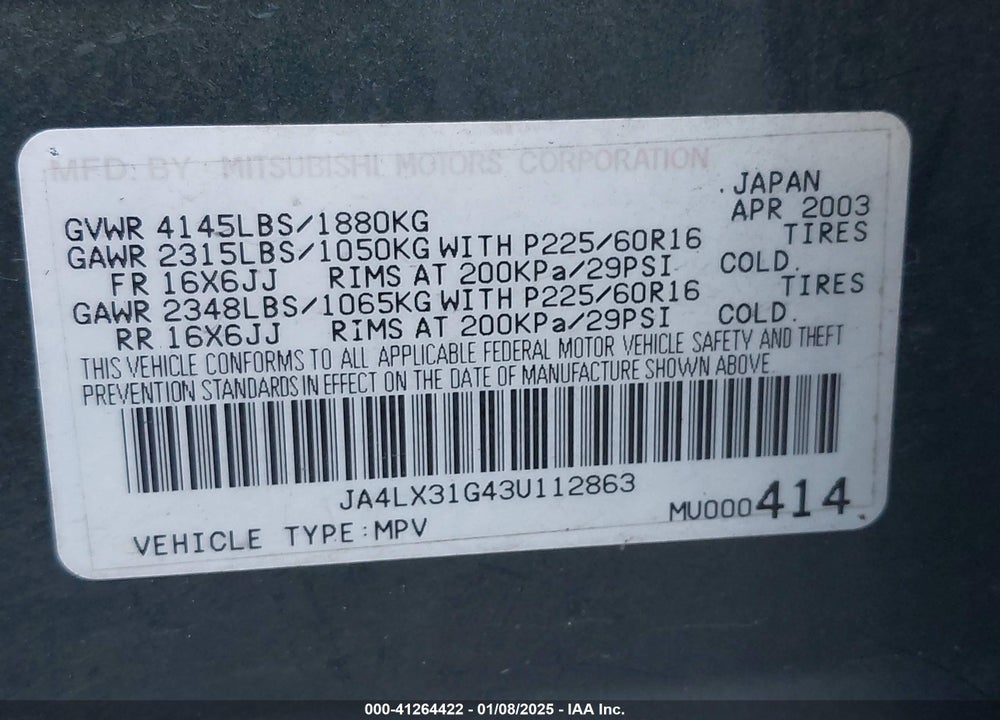 2003 MITSUBISHI OUTLANDER LS VIN: JA4LX31G43U112863