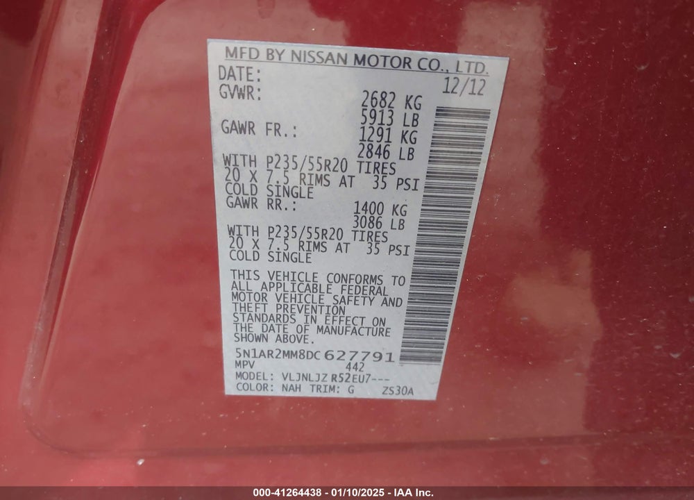 2013 NISSAN PATHFINDER VIN: 5N1AR2MM8DC627791