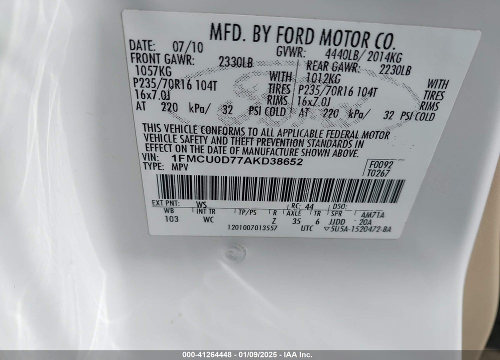 2010 FORD ESCAPE VIN: 1FMCU0D77AKD38652