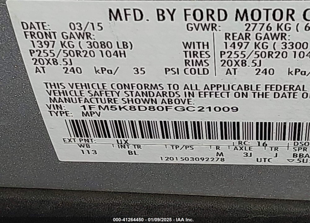 2015 FORD EXPLORER XLT VIN: 1FM5K8D80FGC21009