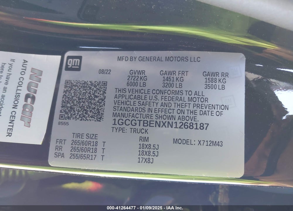 2022 CHEVROLET COLORADO VIN: 1GCGTBENXN1268187