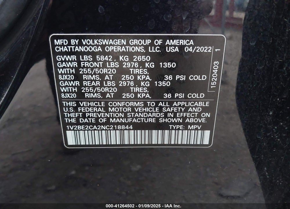 2022 VOLKSWAGEN ATLAS CROSS SPORT 3.6L V6 SEL VIN: 1V2BE2CA2NC218844