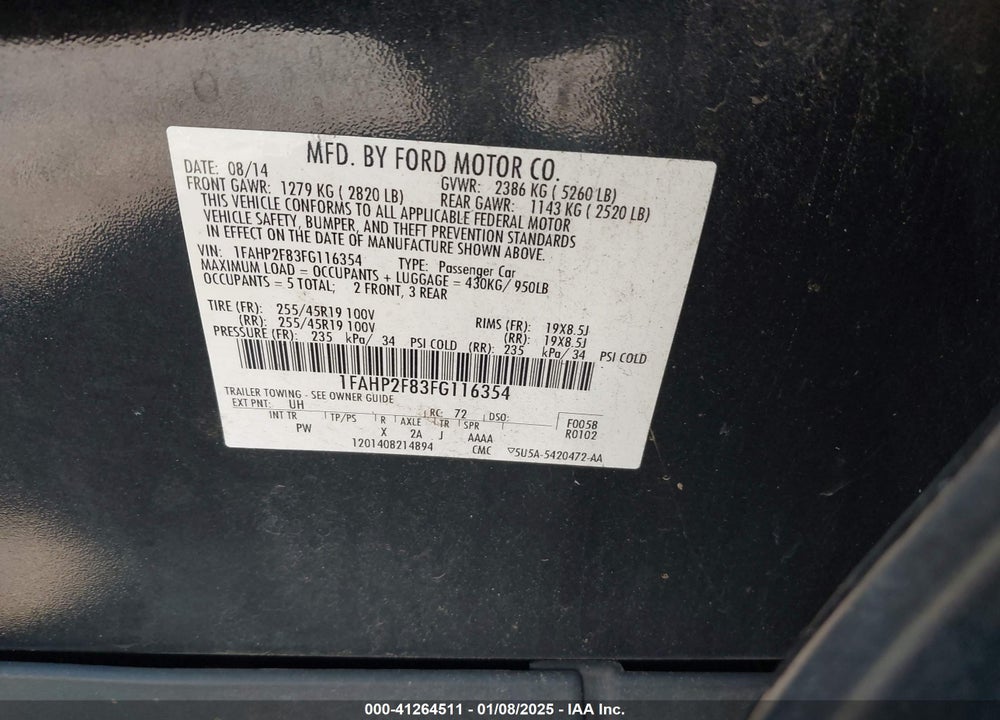 2015 FORD TAURUS VIN: 1FAHP2F83FG116354