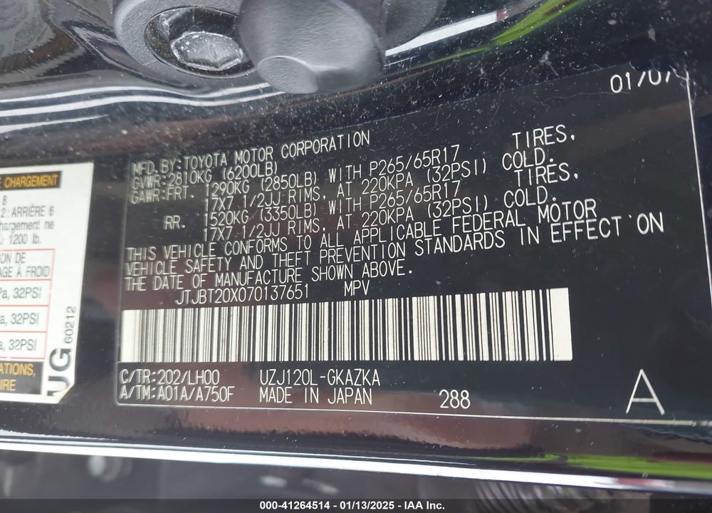 2007 LEXUS GX 470 VIN: JTJBT20X070137651