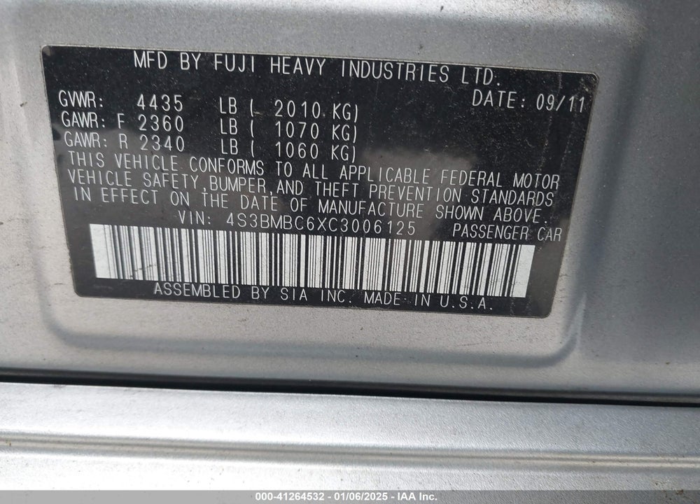 2012 SUBARU LEGACY 2.5I PREMIUM VIN: 4S3BMBC6XC3006125