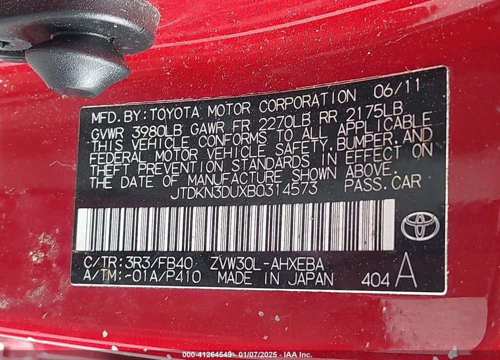 2011 TOYOTA PRIUS TWO VIN: JTDKN3DUXB0314573