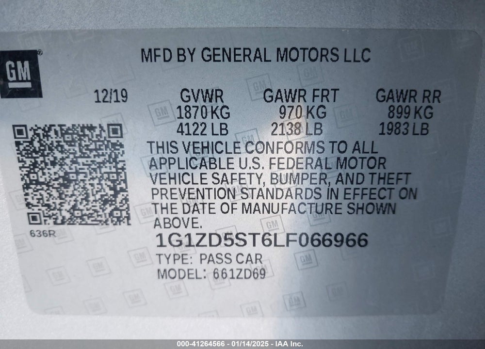 2020 CHEVROLET MALIBU VIN: 1G1ZD5ST6LF066966