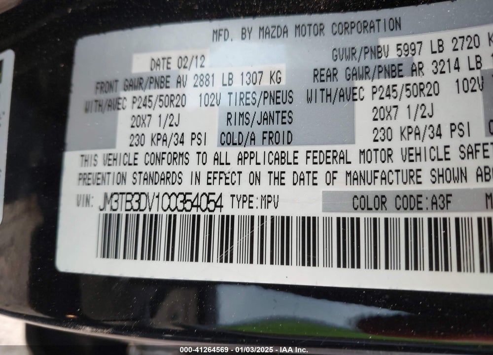 2012 MAZDA CX-9 GRAND TOURING VIN: JM3TB3DV1C0354054