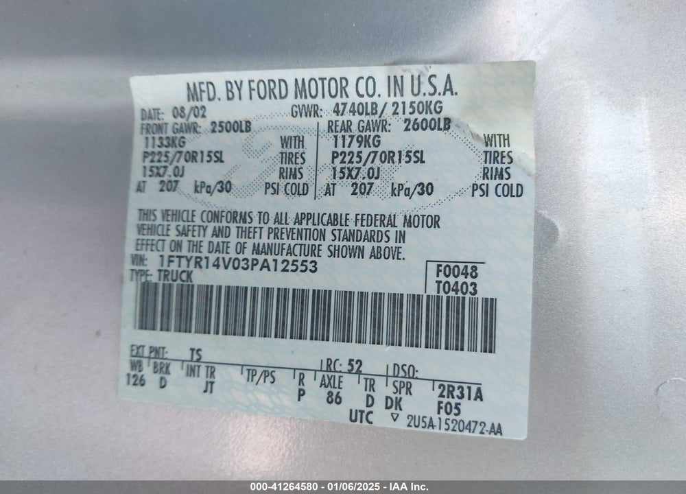 2003 FORD RANGER EDGE/TREMOR/XL/XLT VIN: 1FTYR14V03PA12553
