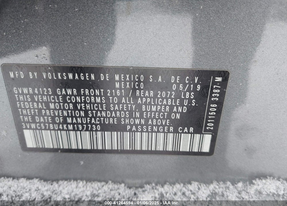 2019 VOLKSWAGEN JETTA 1.4T R-LINE/1.4T S/1.4T SE VIN: 3VWC57BU4KM197730