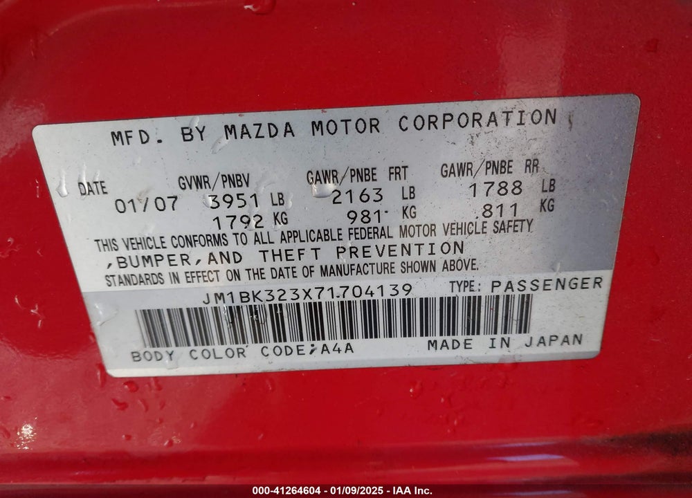 2007 MAZDA MAZDA3 VIN: JM1BK323X71704139