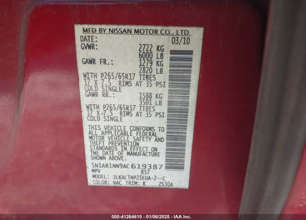 2010 NISSAN PATHFINDER SE VIN: 5N1AR1NN9AC619387