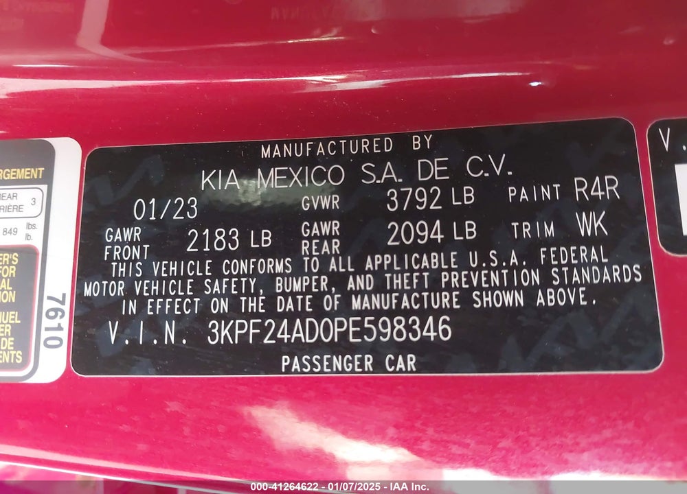 2023 KIA FORTE LXS VIN: 3KPF24AD0PE598346