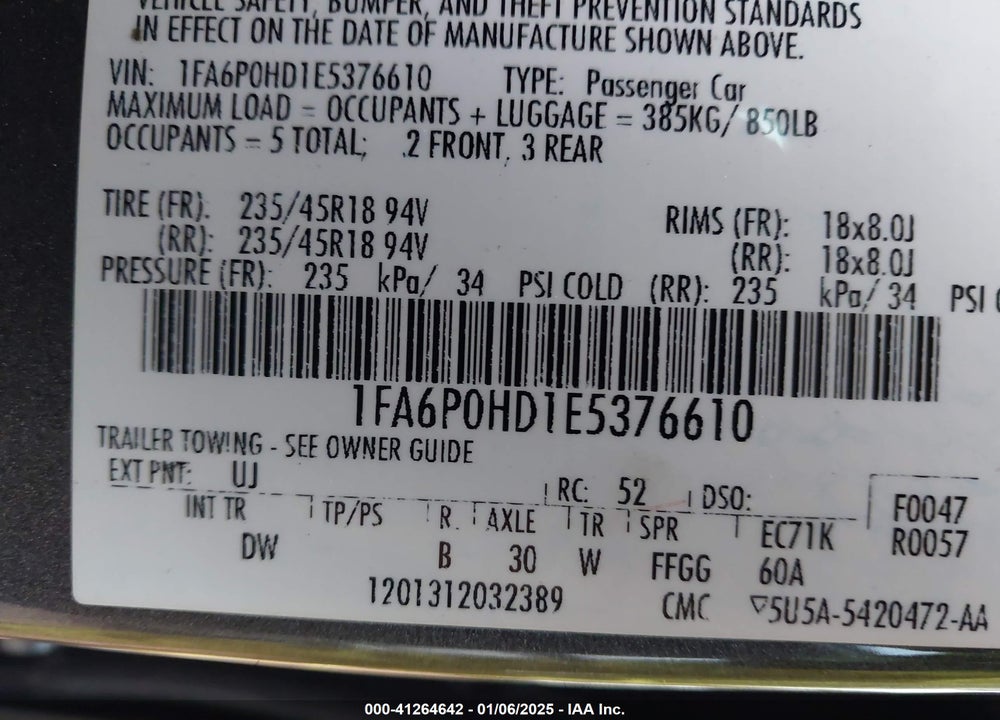 2014 FORD FUSION VIN: 1FA6P0HD1E5376610