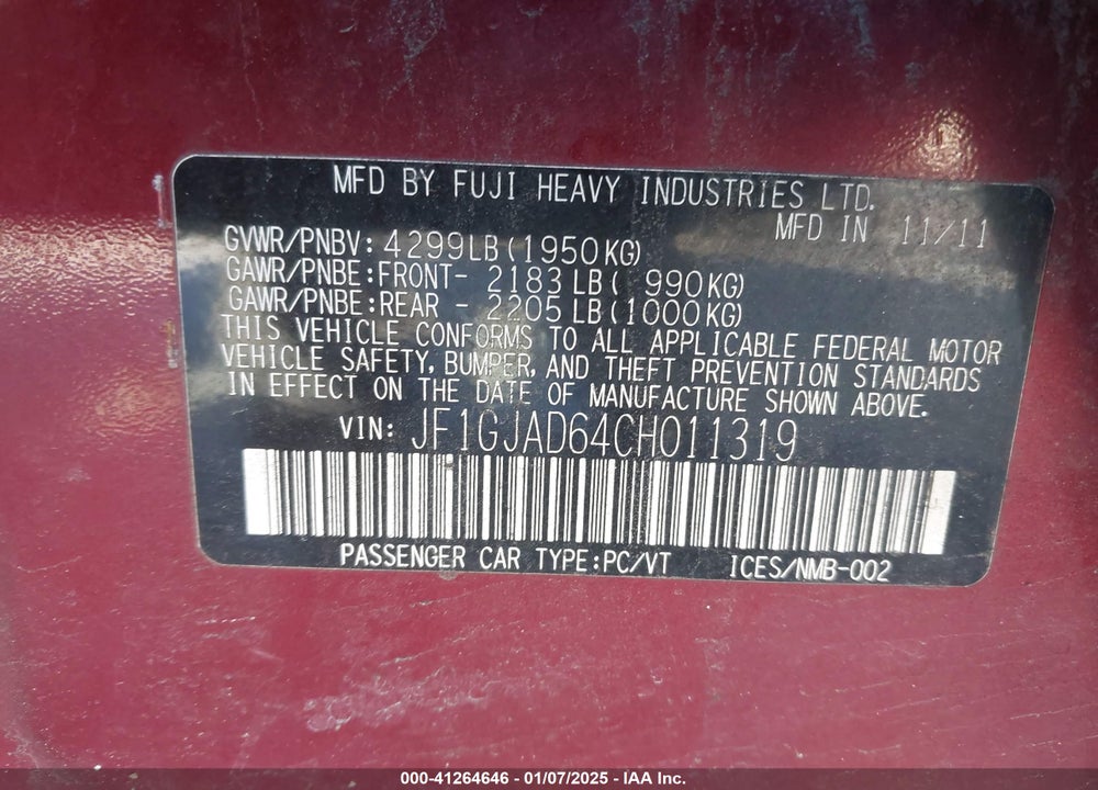 2012 SUBARU IMPREZA 2.0I PREMIUM VIN: JF1GJAD64CH011319