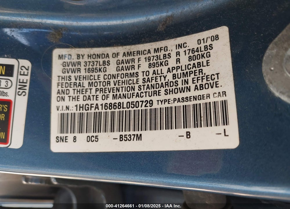 2008 HONDA CIVIC VIN: 1HGFA16868L050729