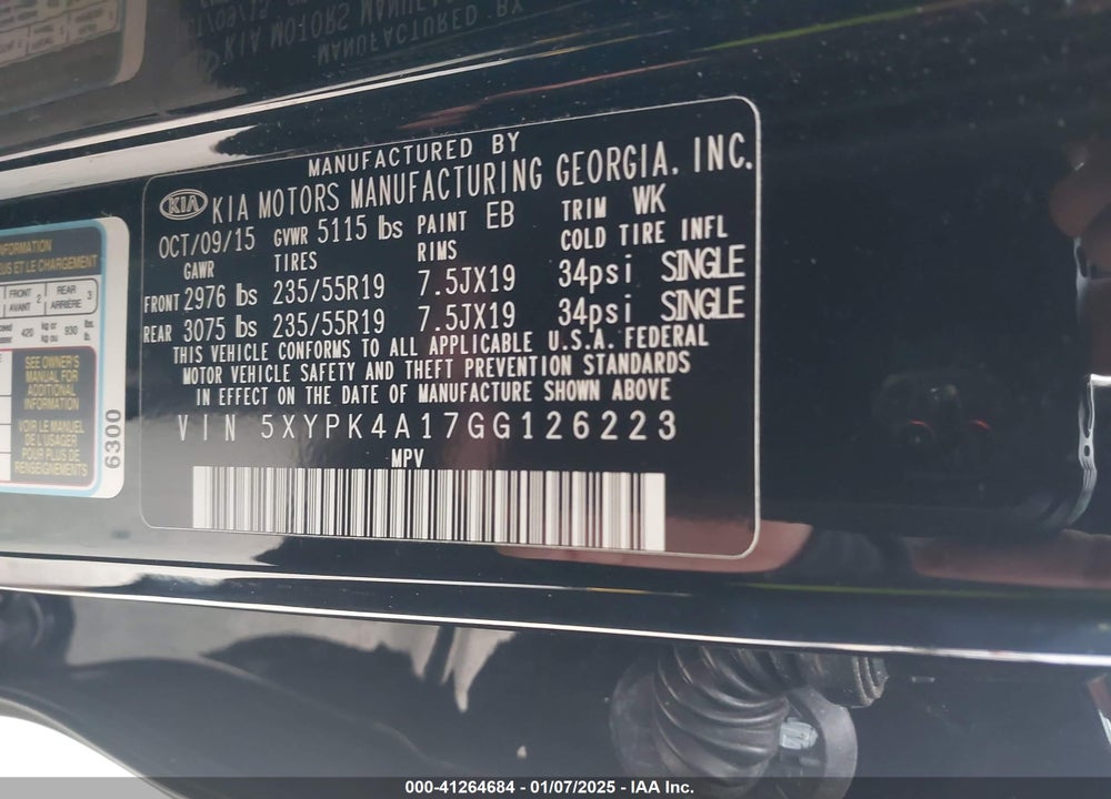 2016 KIA SORENTO 2.0T SXL VIN: 5XYPK4A17GG126223