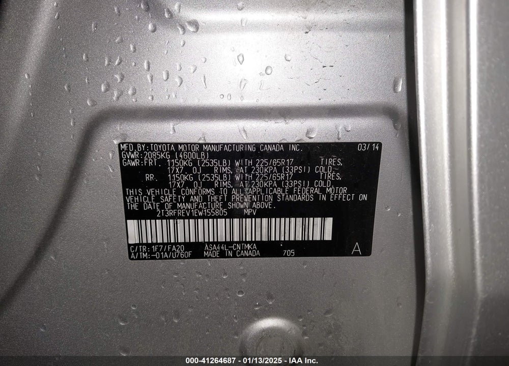 2014 TOYOTA RAV4 XLE VIN: 2T3RFREV1EW155805