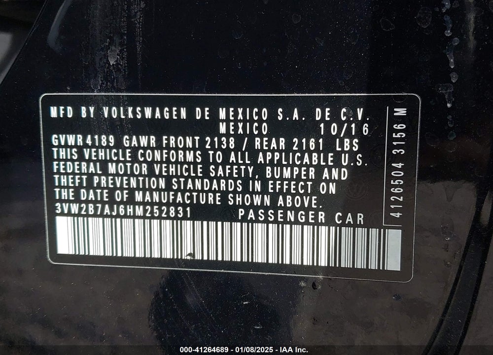 2017 VOLKSWAGEN JETTA VIN: 3VW2B7AJ6HM252831
