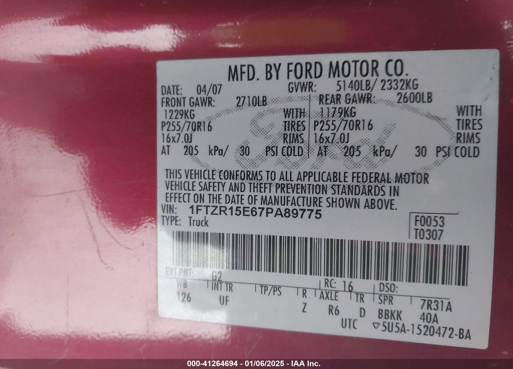 2007 FORD RANGER FX4 OFF-ROAD/SPORT/XL/XLT VIN: 1FTZR15E67PA89775