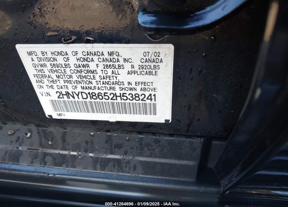 2002 ACURA MDX VIN: 2HNYD18652H538241