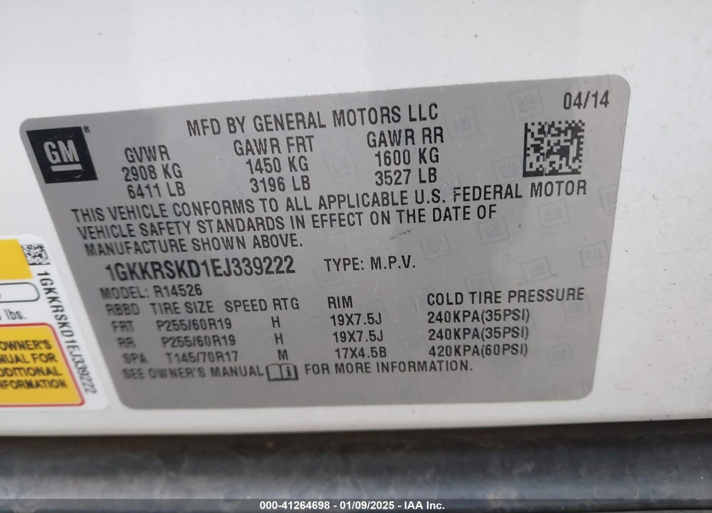 2014 GMC ACADIA SLT-2 VIN: 1GKKRSKD1EJ339222