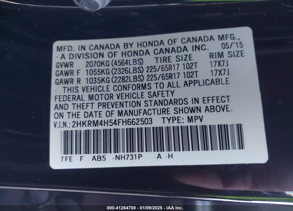 2015 HONDA CR-V EX VIN: 2HKRM4H54FH662503
