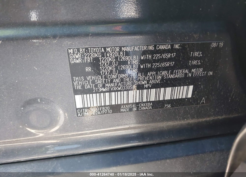2019 TOYOTA RAV4 HYBRID LE VIN: 2T3MWRFVXKW033058