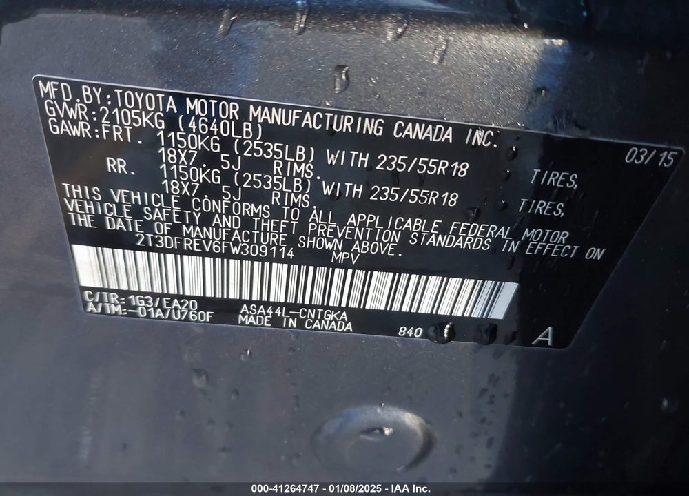 2015 TOYOTA RAV4 LIMITED VIN: 2T3DFREV6FW309114
