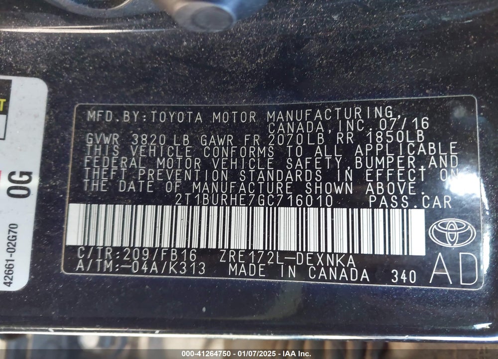 2016 TOYOTA COROLLA VIN: 2T1BURHE7GC716010