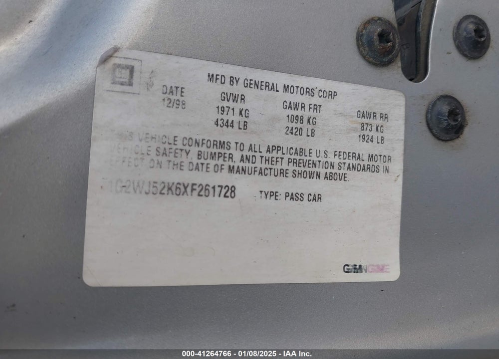 1999 PONTIAC GRAND PRIX SE VIN: 1G2WJ52K6XF261728