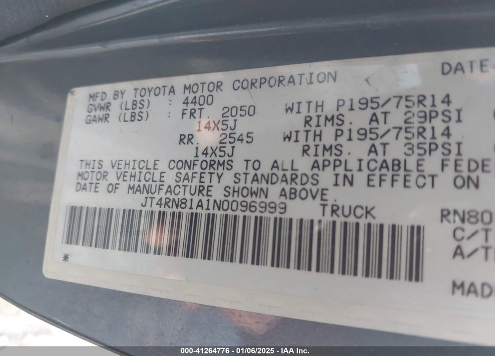 1992 TOYOTA PICKUP 1/2 TON SHORT WHEELBASE VIN: JT4RN81A1N0096999