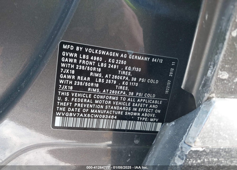 2012 VOLKSWAGEN TIGUAN SE VIN: WVGBV7AX5CW093464