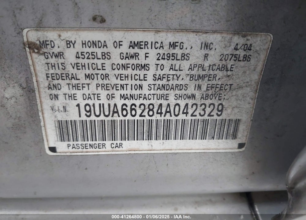 2004 ACURA TL VIN: 19UUA66284A042329