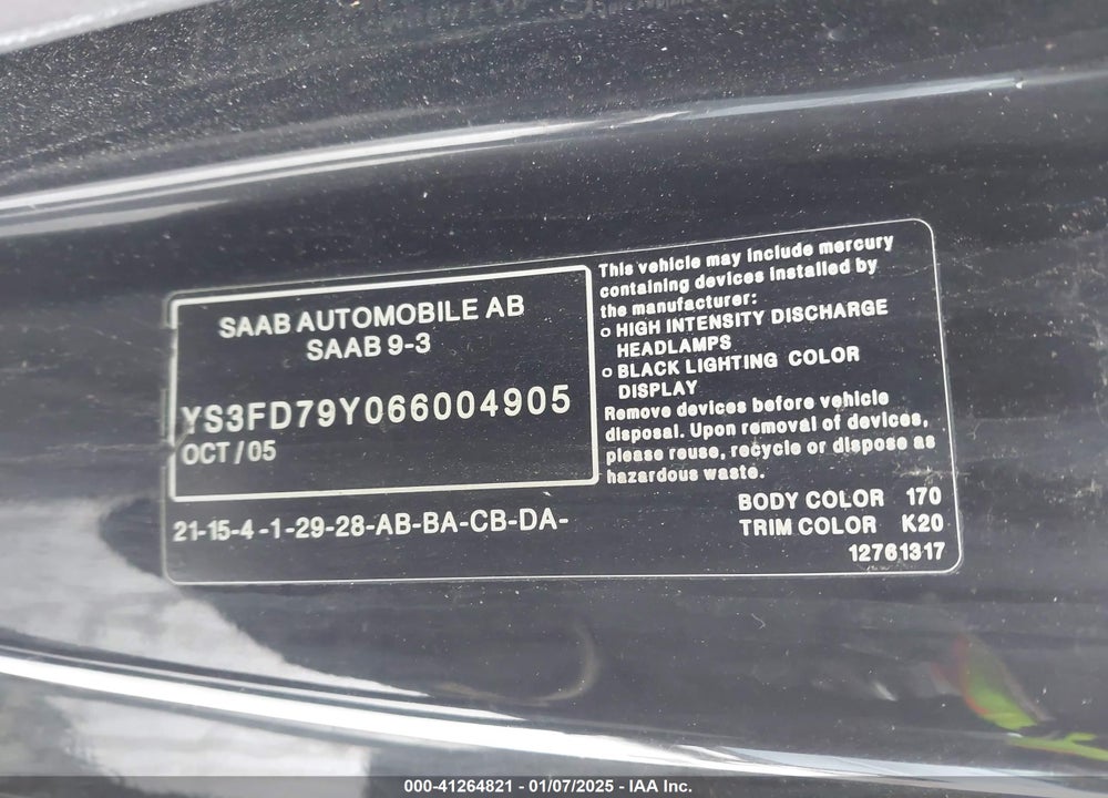 2006 SAAB 9 3 VIN: YS3FD79Y066004905