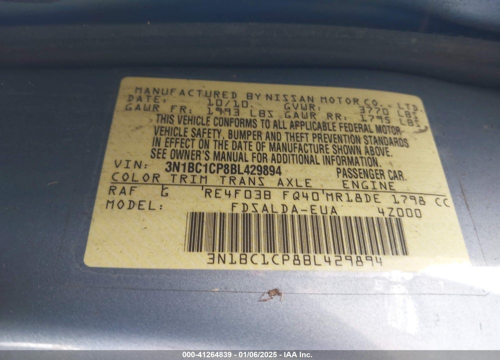 2011 NISSAN VERSA VIN: 3N1BC1CP8BL429894