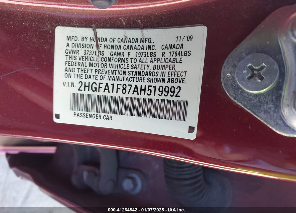 2010 HONDA CIVIC VIN: 2HGFA1F87AH519992