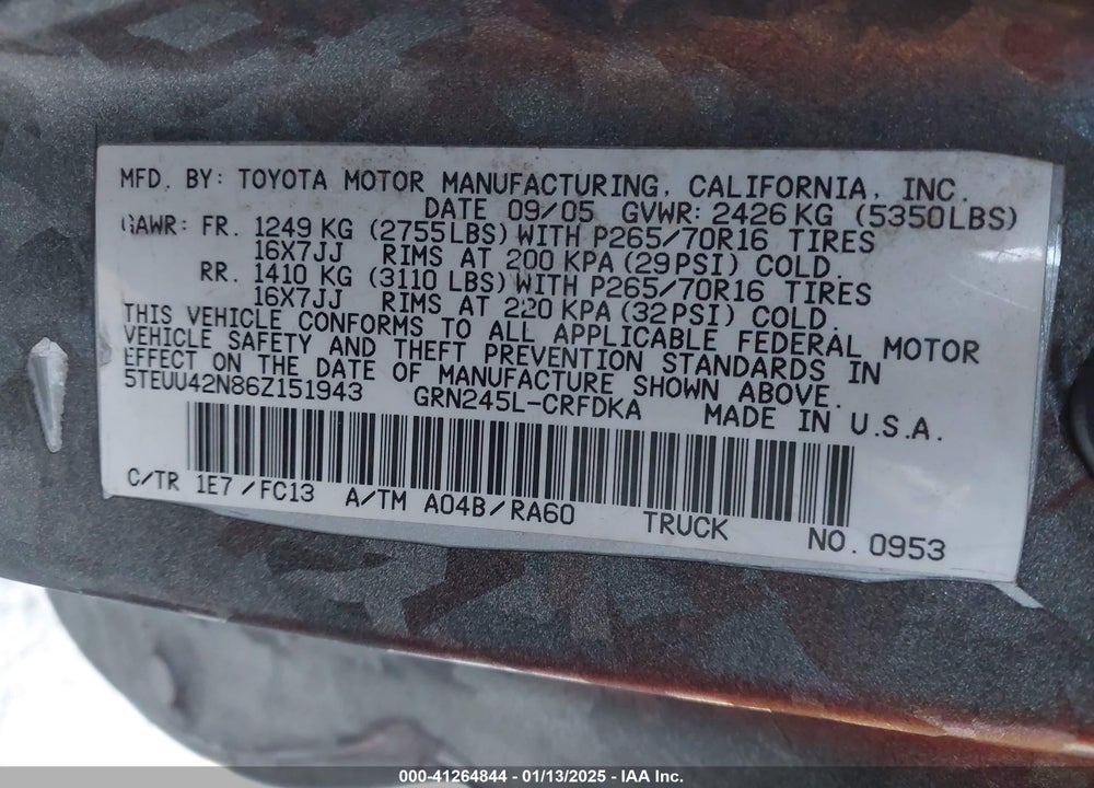 2006 TOYOTA TACOMA ACCESS CAB VIN: 5TEUU42N86Z151943