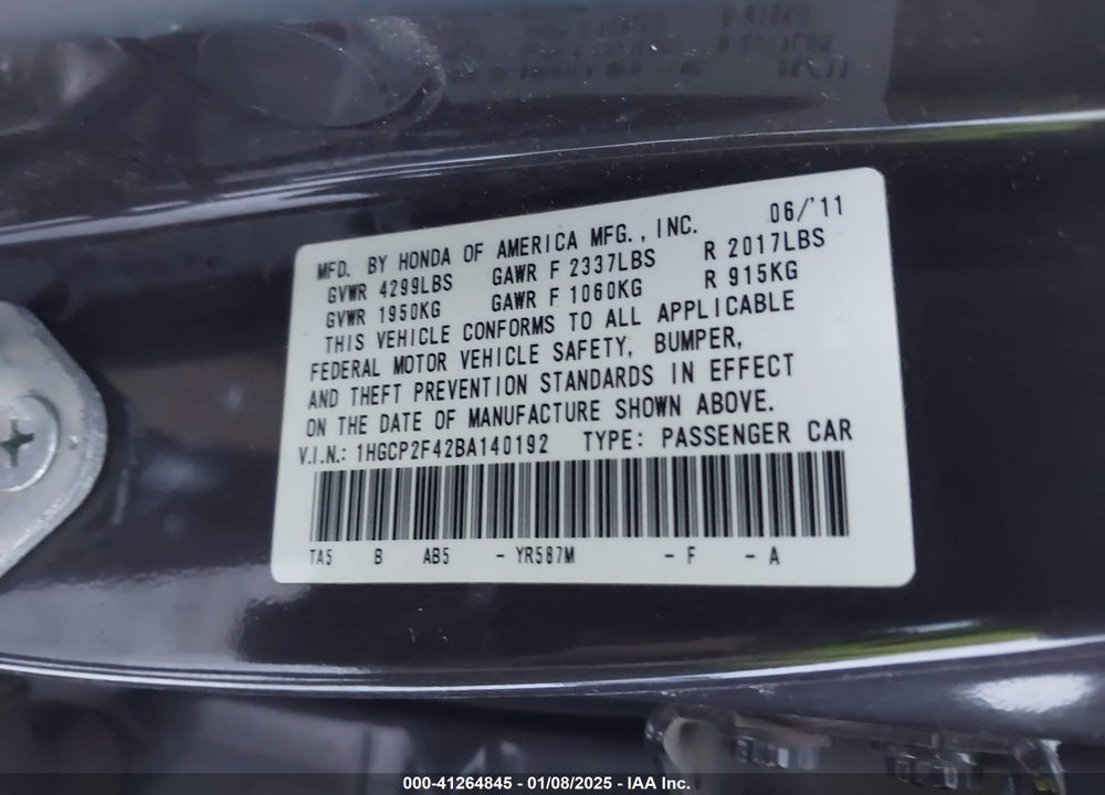 2011 HONDA ACCORD VIN: 1HGCP2F42BA140192
