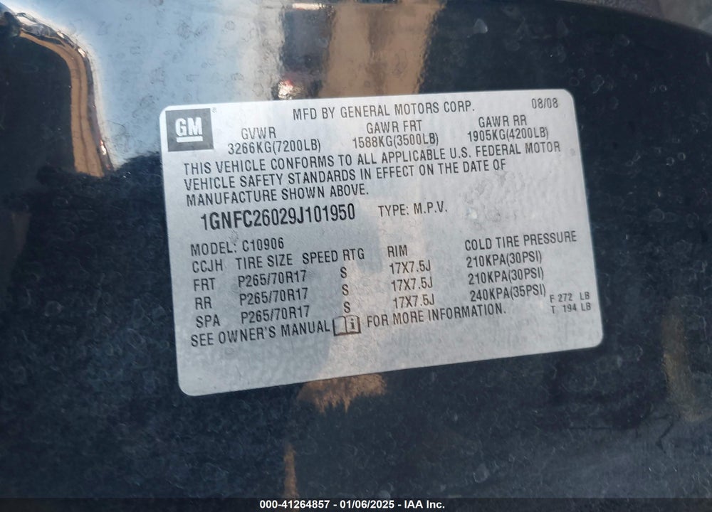 2009 CHEVROLET SUBURBAN VIN: 1GNFC26029J101950