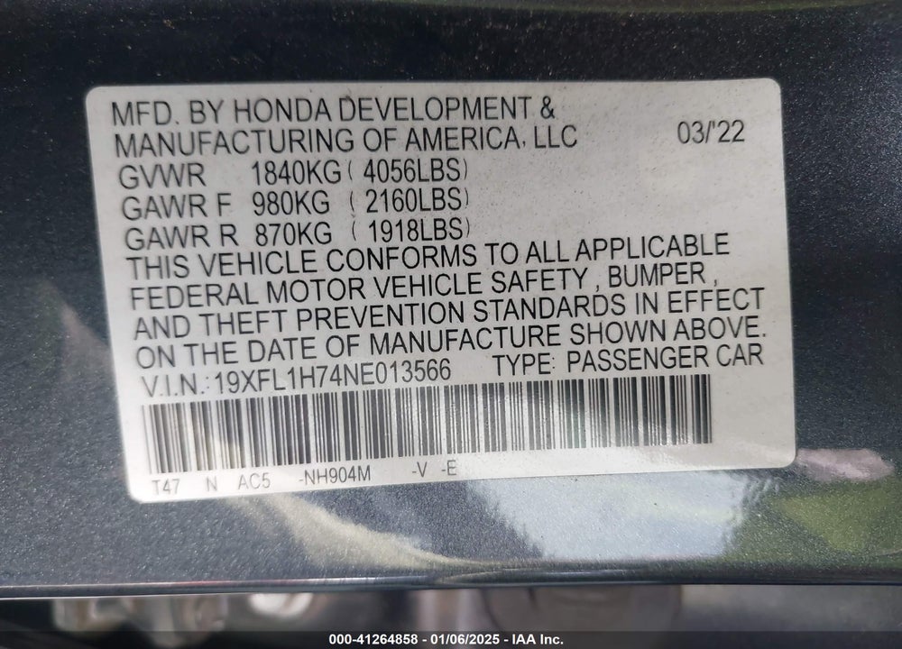 2022 HONDA CIVIC VIN: 19XFL1H74NE013566